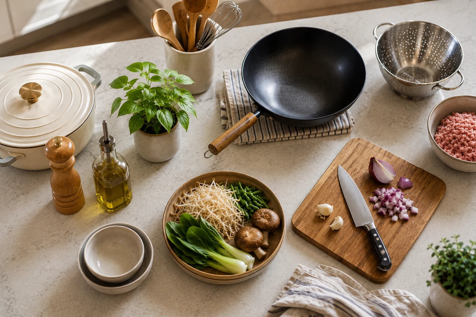 Kitchen island with Dutch oven, wok, strainer, cutting board, utensils, and fresh ingredients for everyday Filipino cooking.