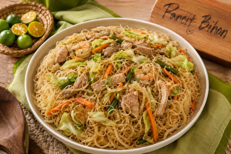 Filipino Pancit Bihon with pork, vegetables, rice noodles, and fresh calamansi