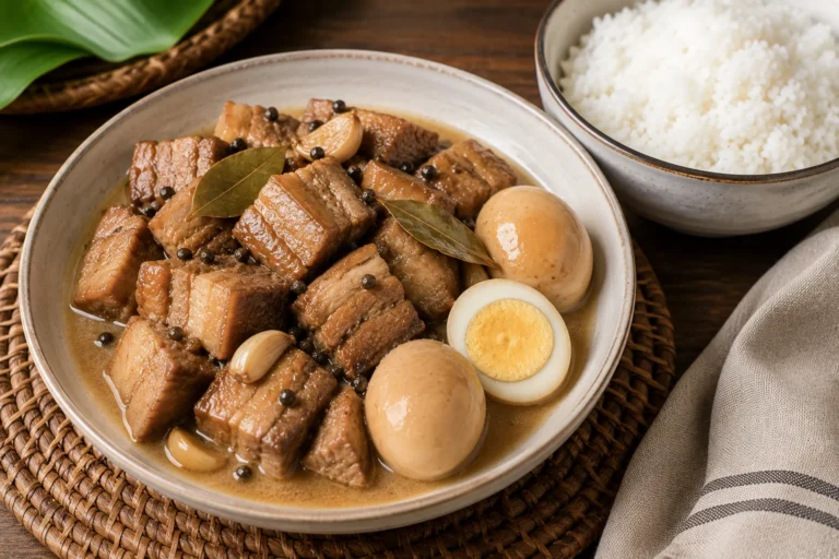 Filipino pork adobo with boiled eggs served with steamed white rice