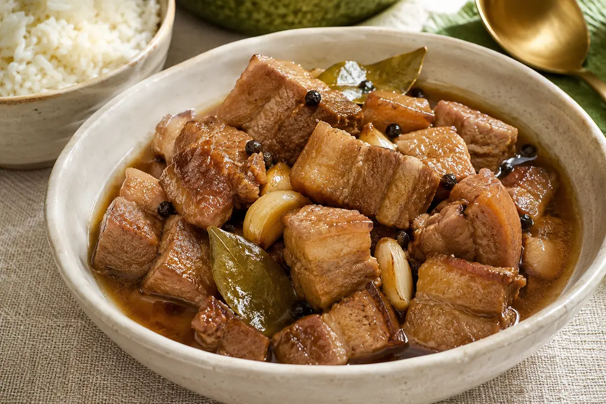 Filipino pork adobo with tender pork shoulder, garlic, bay leaves, and peppercorns in a savory brown sauce