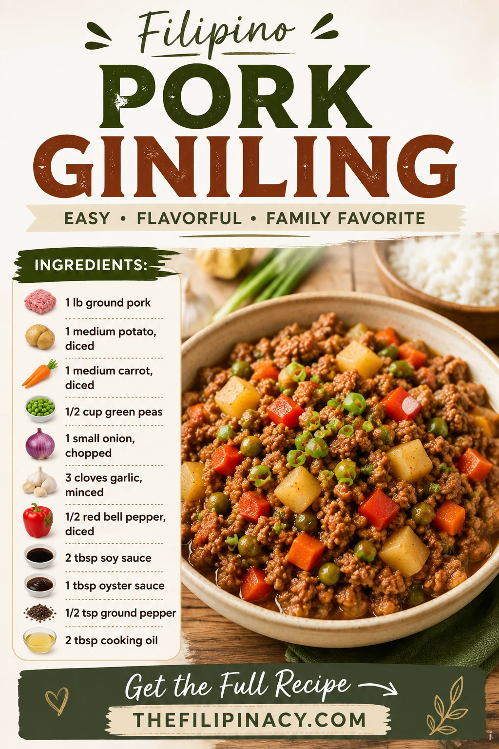 Filipino pork giniling recipe with ground pork, potatoes, carrots, peas, bell pepper, and savory seasonings.