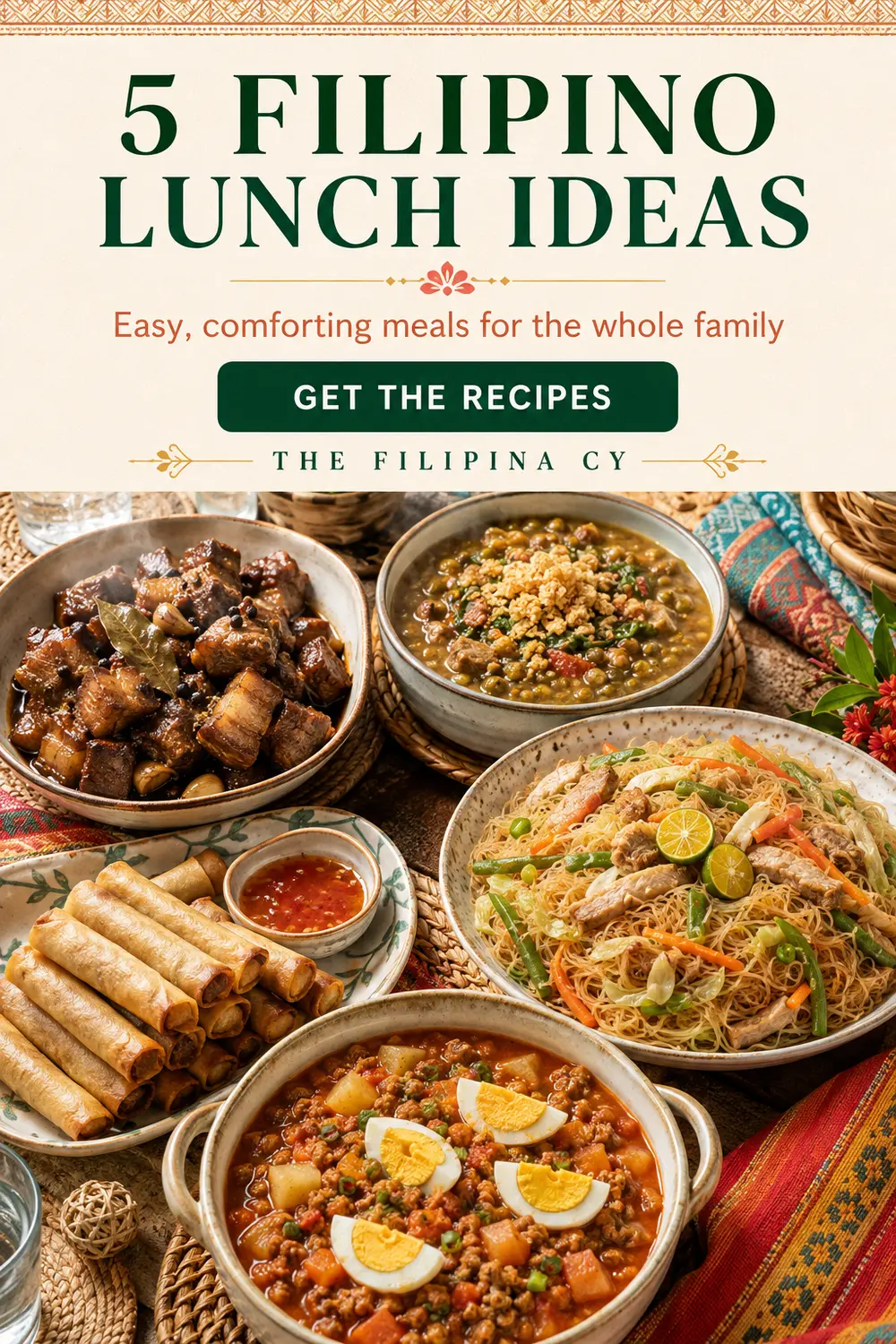 five Filipino lunch ideas including pork adobo, ginisang munggo, pancit bihon, lumpiang Shanghai, and pork giniling