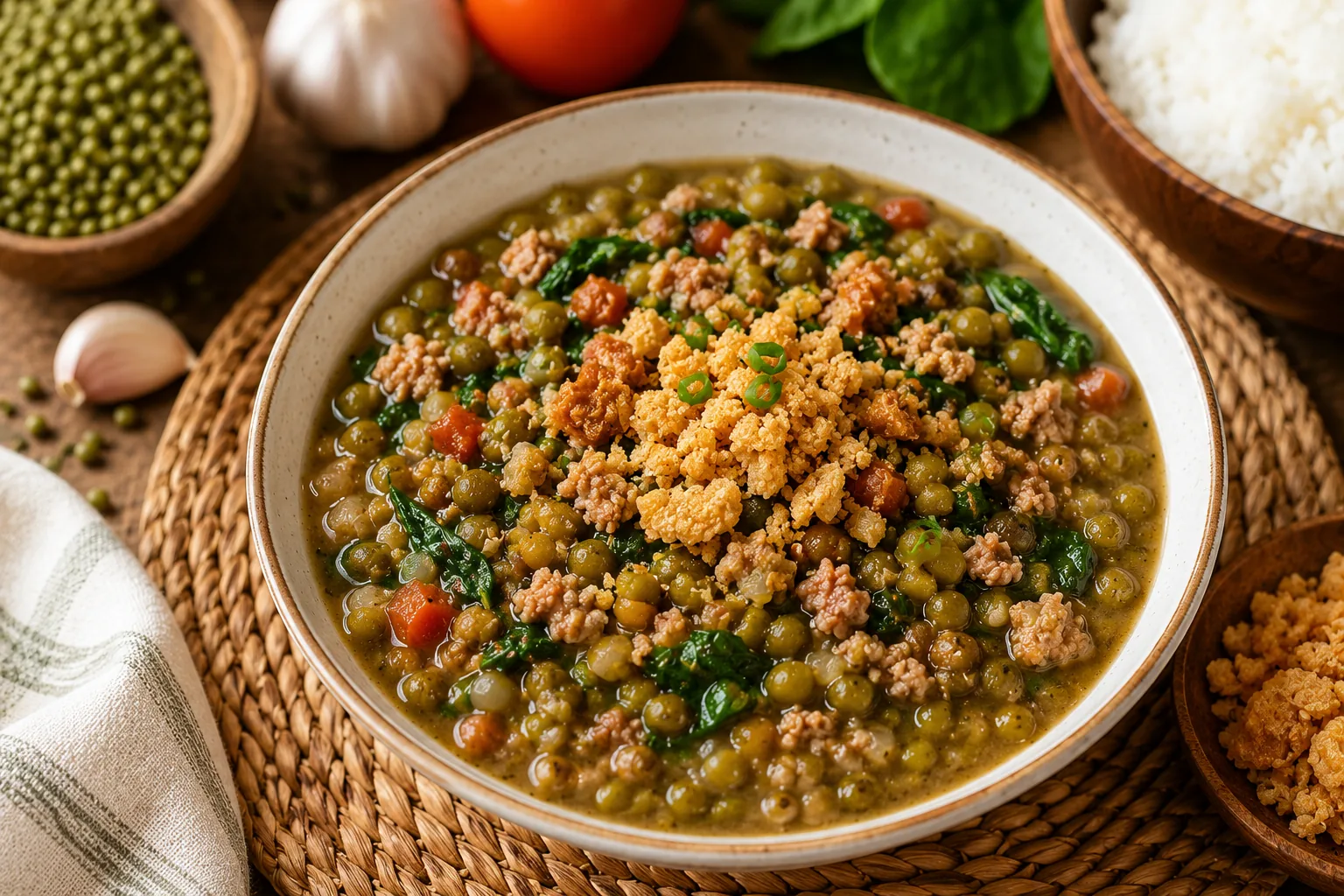 Ginisang munggo with ground pork, leafy greens, tomatoes, and crispy chicharon served with rice.