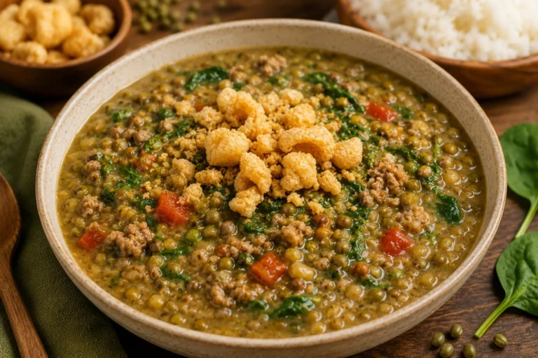 Ginisang munggo Filipino mung bean stew with ground pork, spinach, tomatoes, and crispy chicharon.