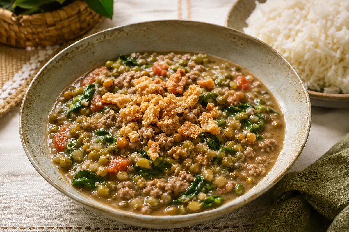 Filipino ginisang munggo with ground pork, tomatoes, leafy greens, and crispy chicharon
