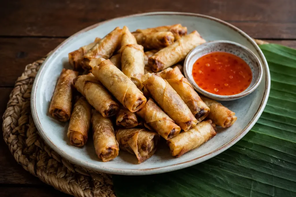 filipino lumpiang shanghai spring rolls with sweet chili sauce