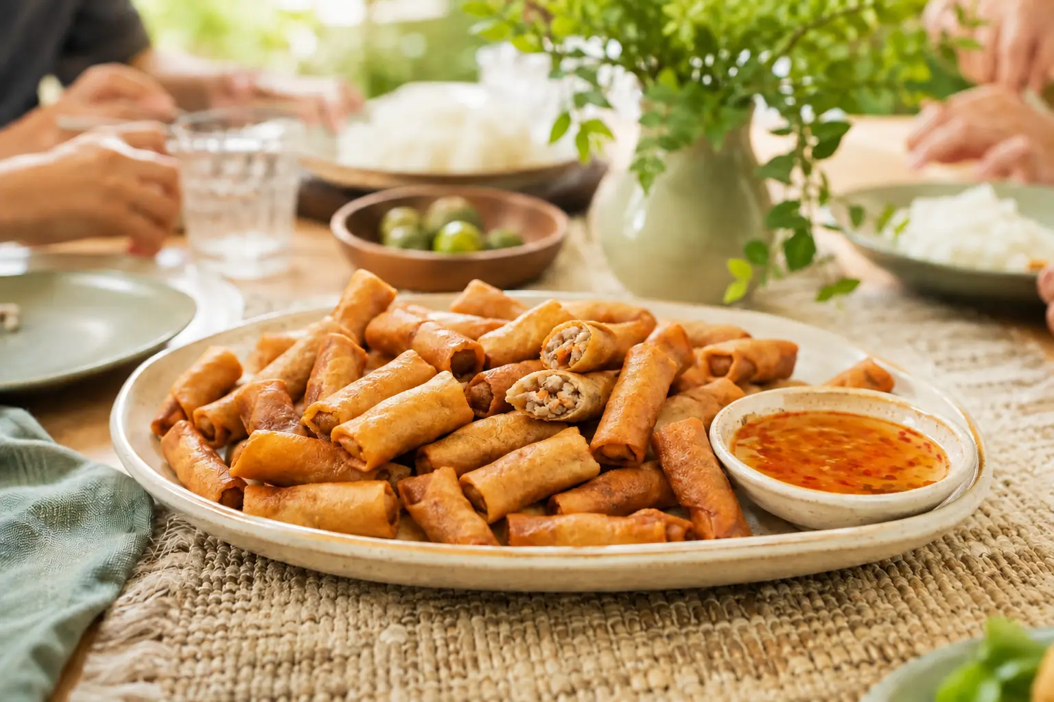 Authentic golden-brown lumpiang Shanghai served with sweet chili sauce at a bright Filipino family gathering.