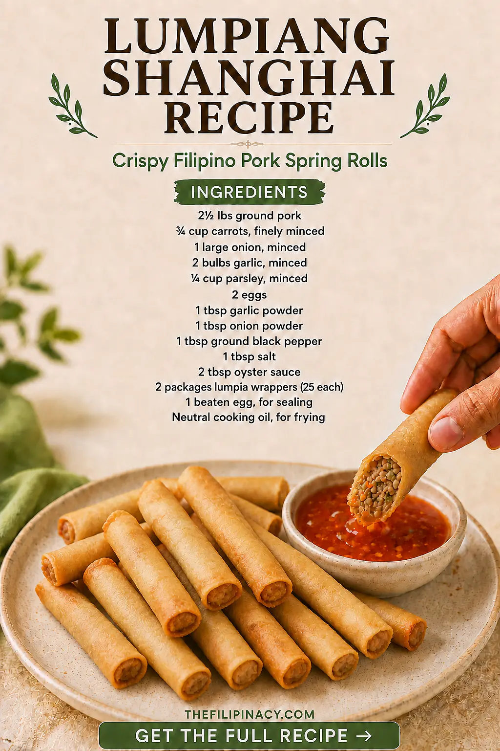 Lumpiang Shanghai recipe pin with crispy Filipino pork spring rolls and ingredients