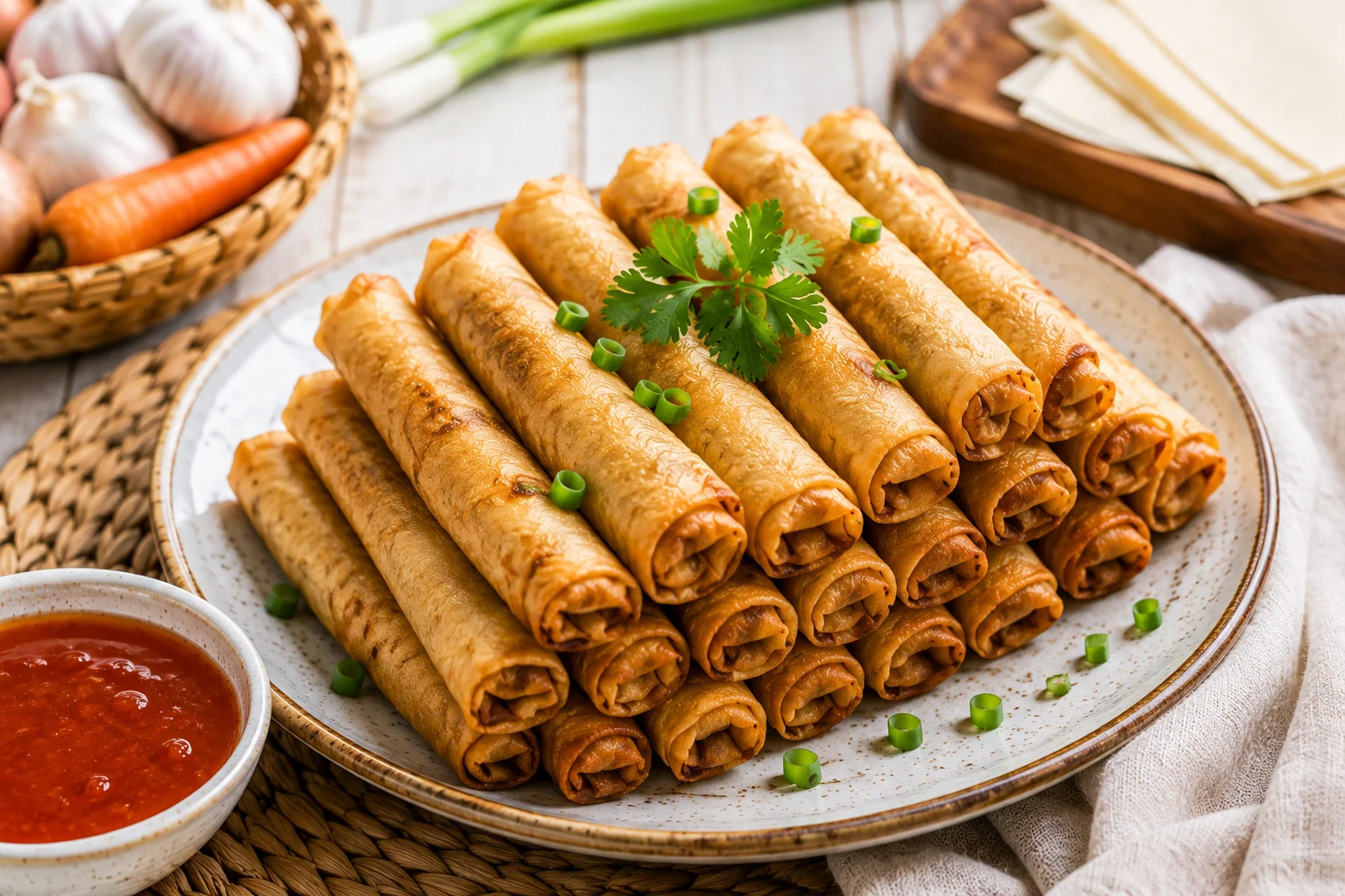 Crispy Lumpiang Shanghai Filipino spring rolls served with sweet chili sauce