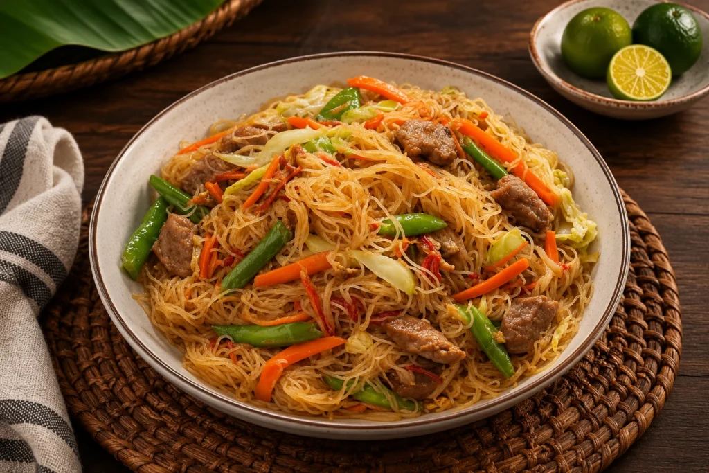 : Filipino pancit bihon with rice noodles, pork, carrots, cabbage, and green beans served in a bowl.