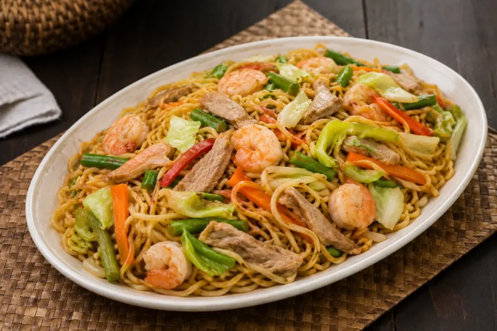 Filipino pancit canton noodles dish in a serving plate