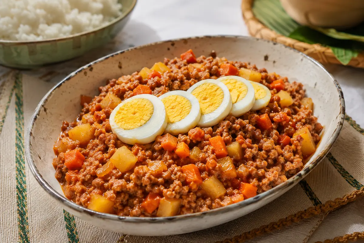 Filipino pork giniling with ground pork, potatoes, carrots, tomato sauce, and sliced boiled eggs