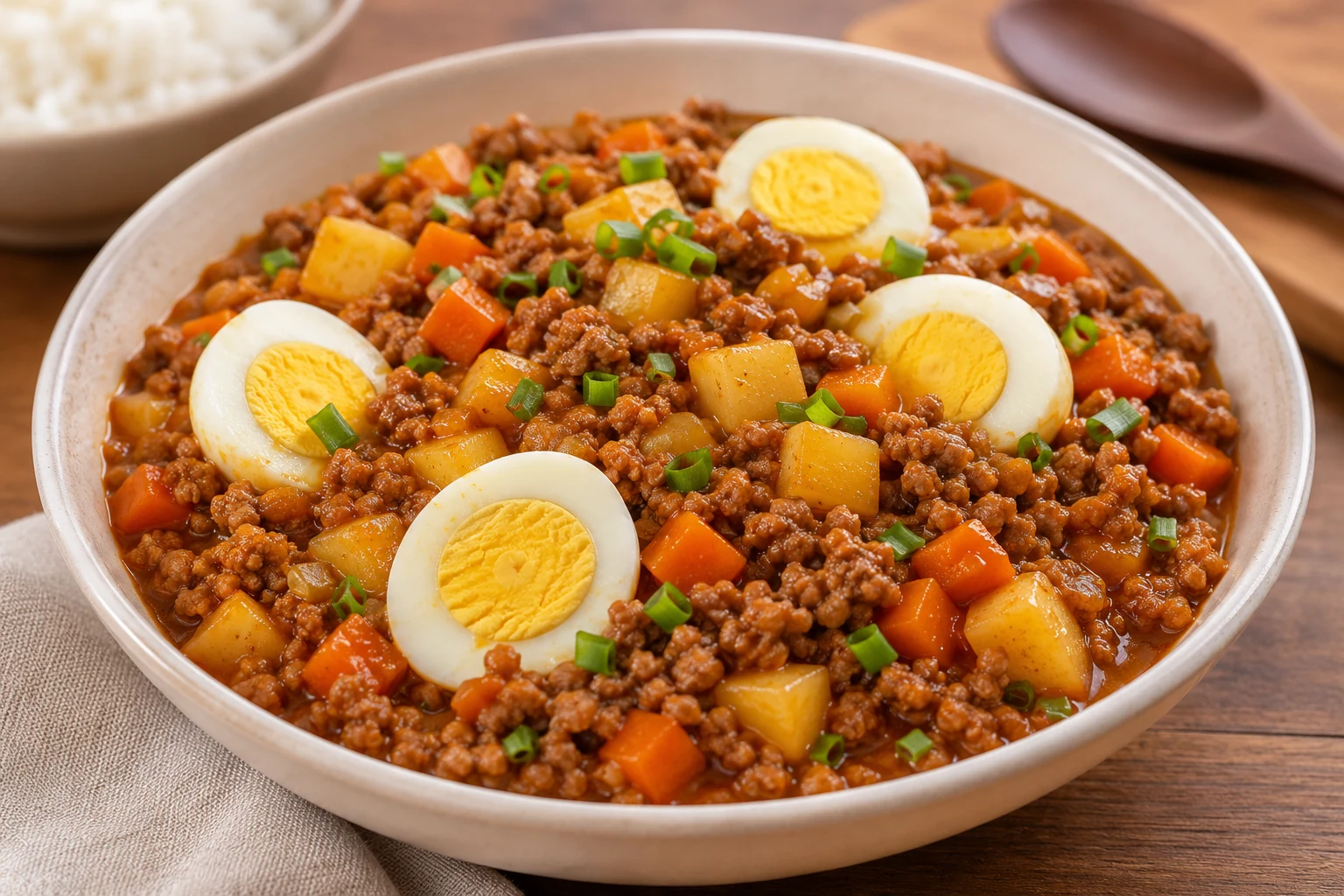 Filipino pork giniling with potatoes, carrots and boiled eggs