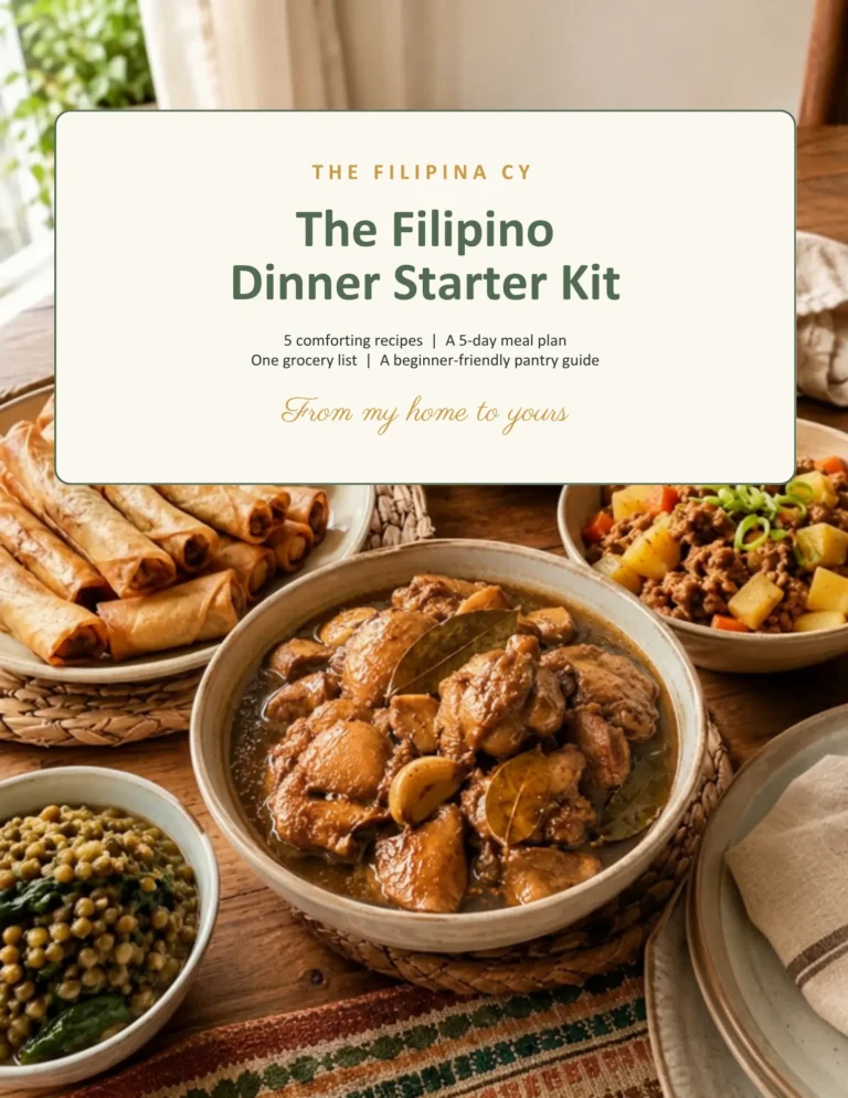 Cover of The Filipina Cy Filipino Dinner Starter Kit featuring pork adobo, lumpiang Shanghai, pork giniling, and ginisang munggo.