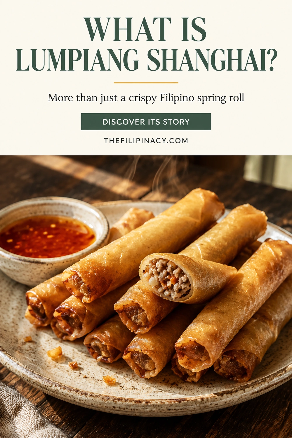 Crispy homemade lumpiang Shanghai, Filipino spring rolls filled with seasoned ground pork, carrots, and onions, served with sweet chili dipping sauce.