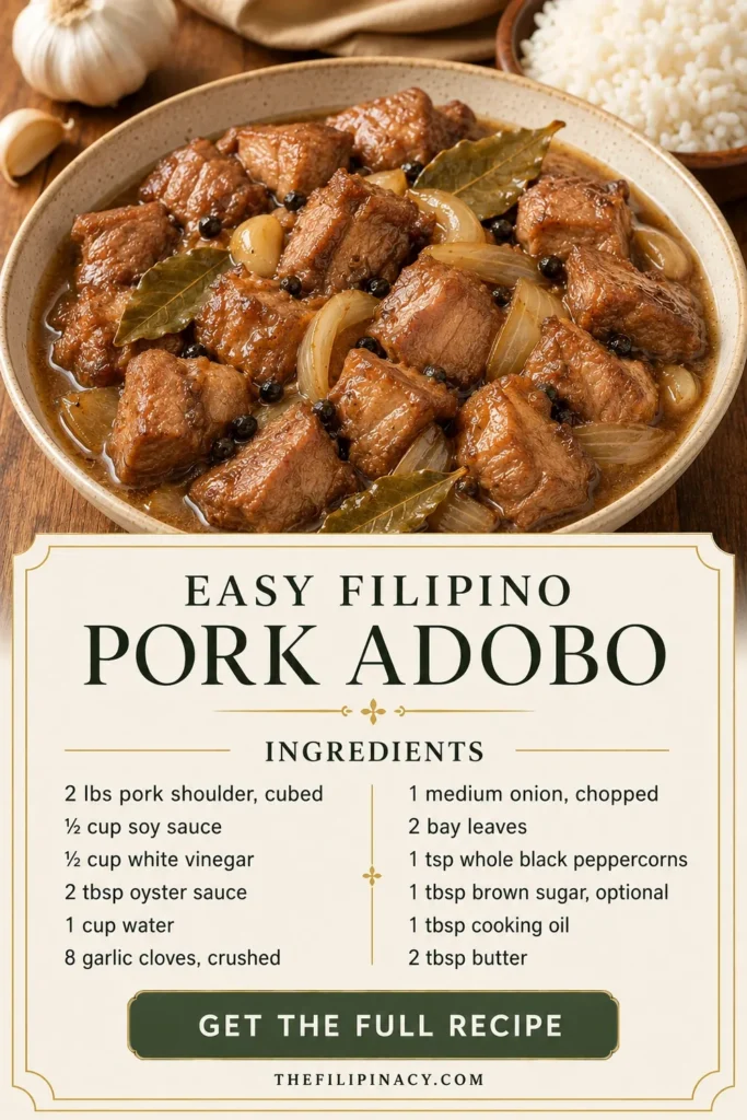 Filipino pork adobo with rice and a complete ingredient list for the recipe.