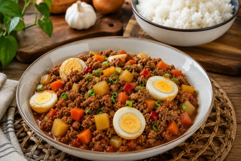 Filipino pork giniling with potatoes, carrots and boiled eggs served with rice