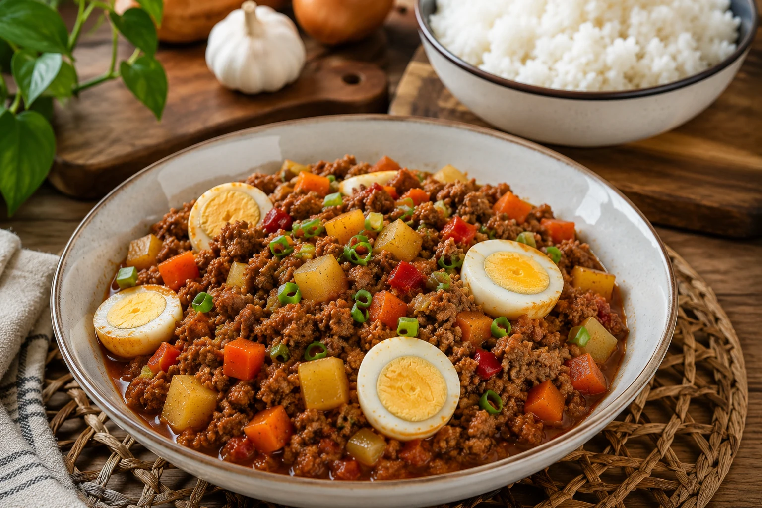Filipino pork giniling with potatoes, carrots and boiled eggs served with rice