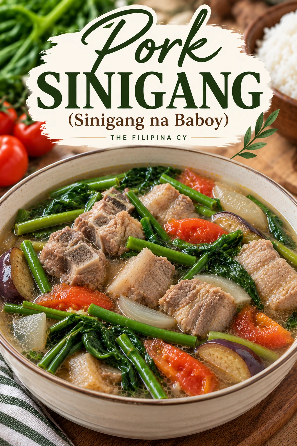 Pork Sinigang recipe with tender pork shoulder, pork neck bones, tomatoes, eggplant, string beans, and leafy greens in a sour Filipino broth.