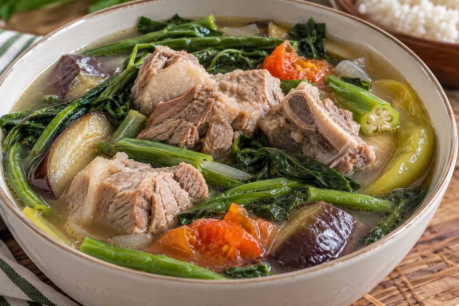 Pork Sinigang with tender pork shoulder, pork neck bones, eggplant, tomatoes, string beans, and leafy greens in a sour Filipino broth.
