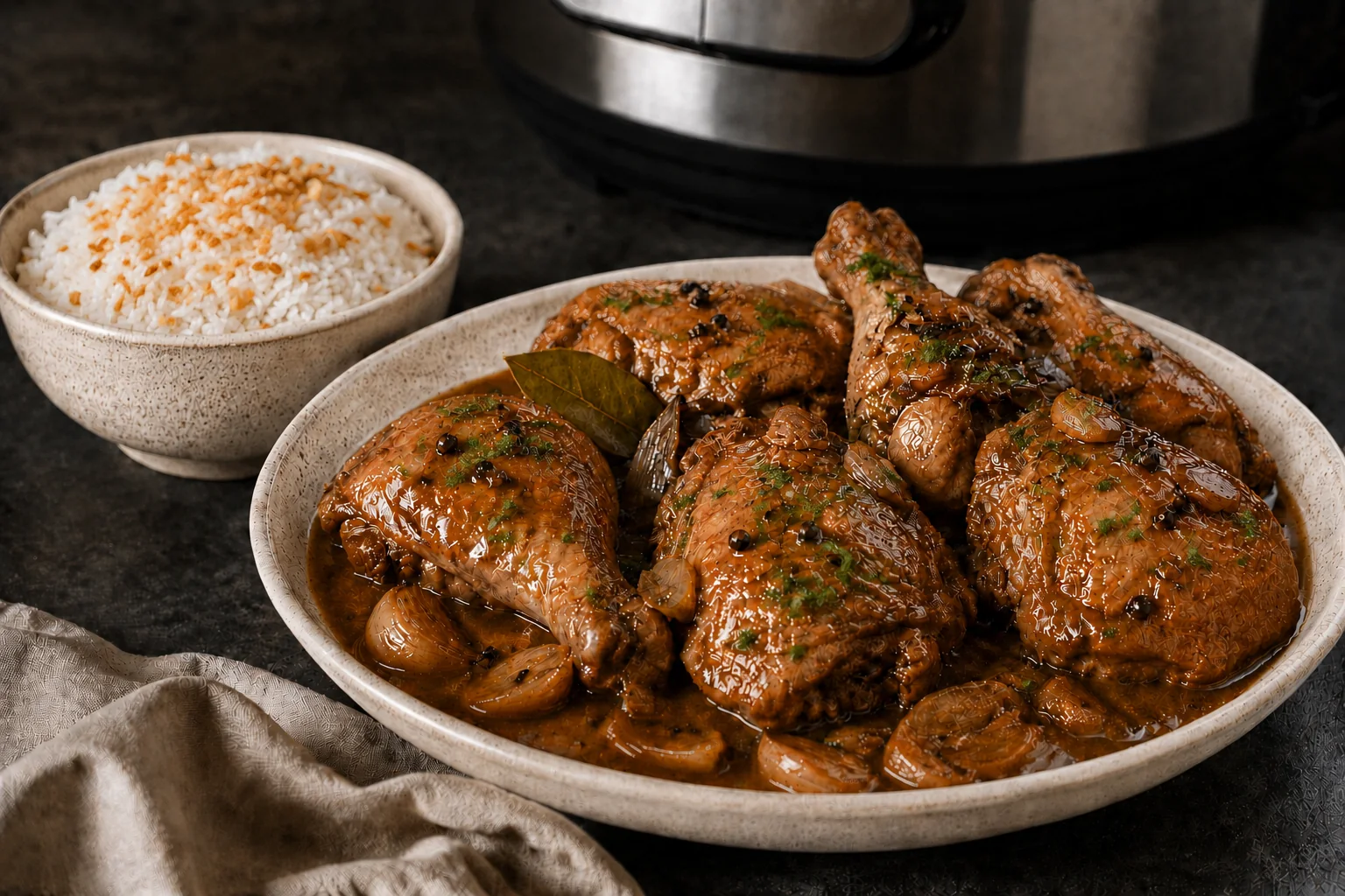Filipino chicken adobo in a glossy soy-vinegar sauce garnished with parsley, served with long-grain white rice topped with golden fried garlic.
