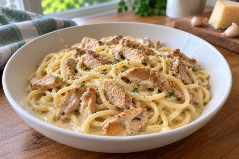 Creamy Chicken Garlic Parmesan Pasta with pan-fried chicken thigh strips in a creamy garlic Parmesan sauce.