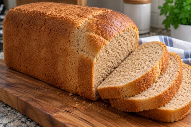 Homemade honey wheat bread machine loaf sliced on a wooden cutting board.