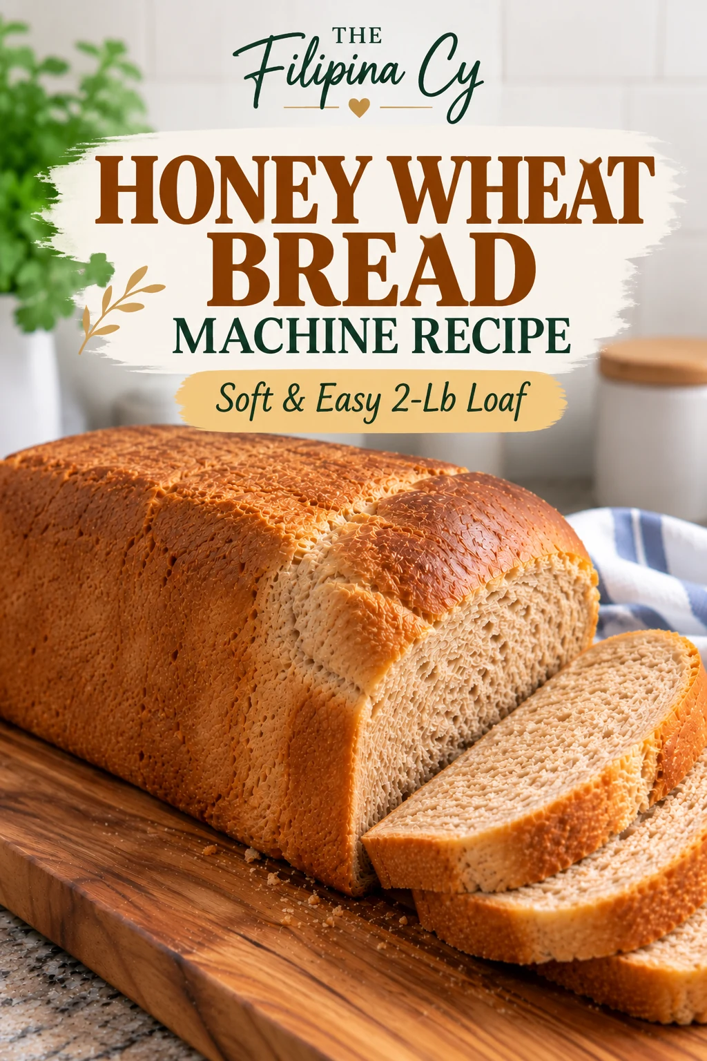 Honey Wheat Bread Machine Recipe with sliced 2-lb loaf on a wooden cutting board.