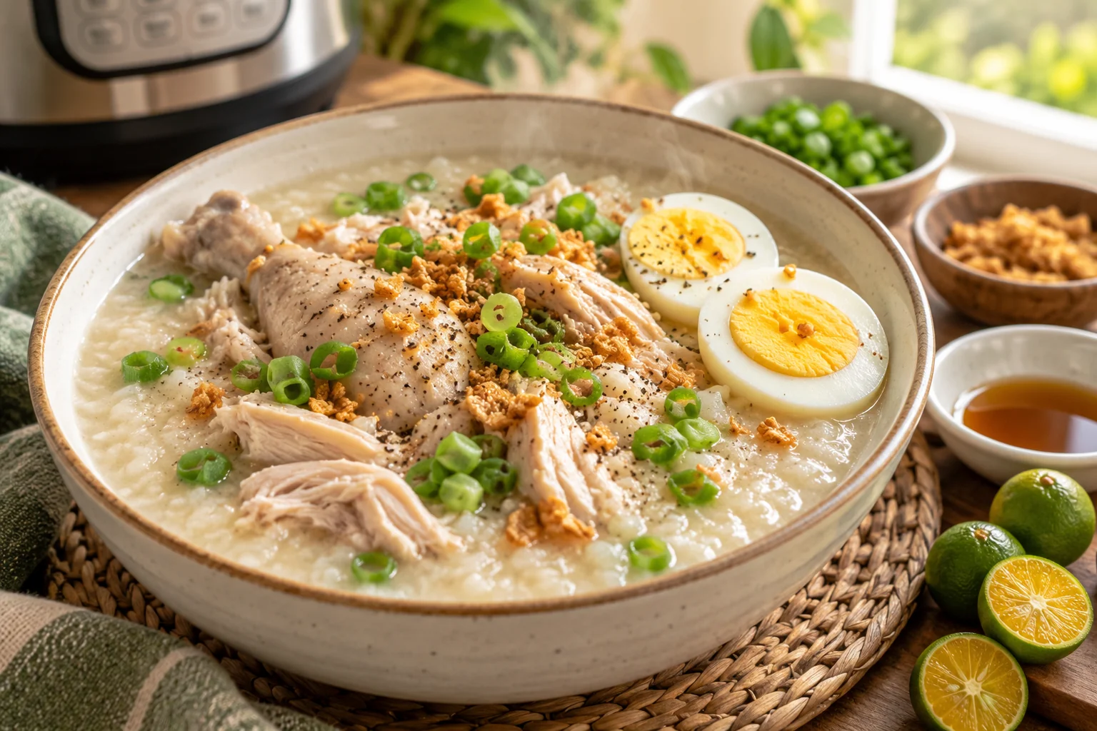 Instant Pot chicken lugaw recipe Filipino food topped with crispy garlic, green onions, hard-boiled eggs, and calamansi.
