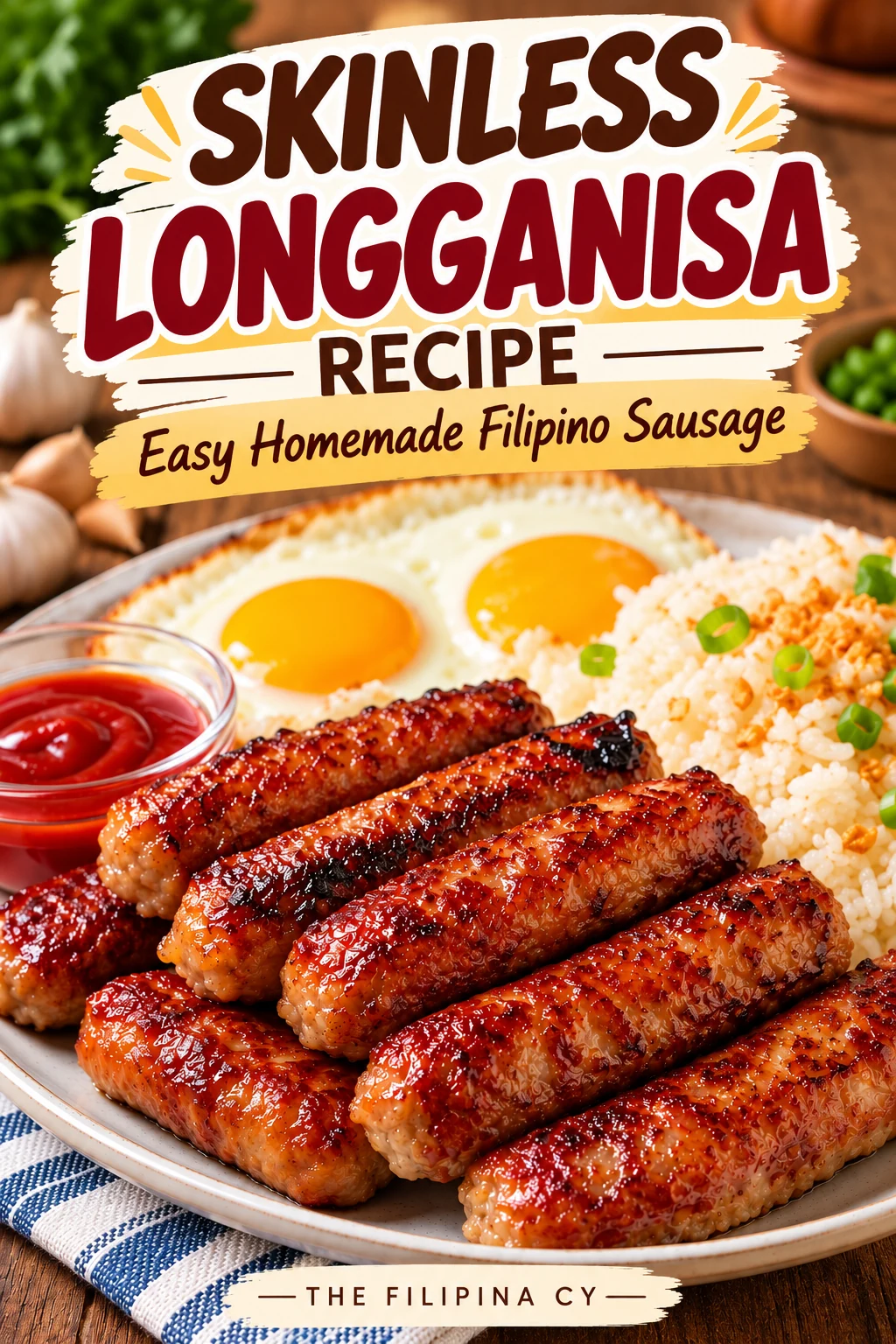 Skinless Longganisa Recipe with homemade Filipino sausage, garlic fried rice, fried eggs, and ketchup.