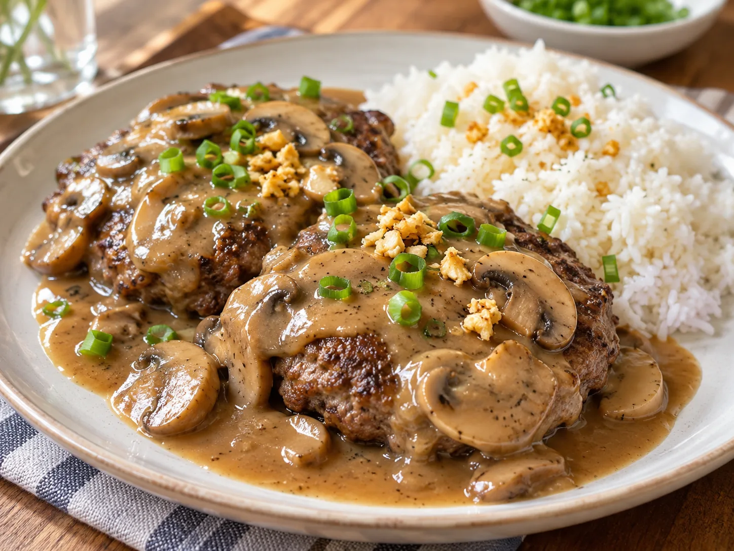Filipino burger steak with mushroom gravy, sliced brown mushrooms, sautéed garlic, and green onions, served with steamed white rice.