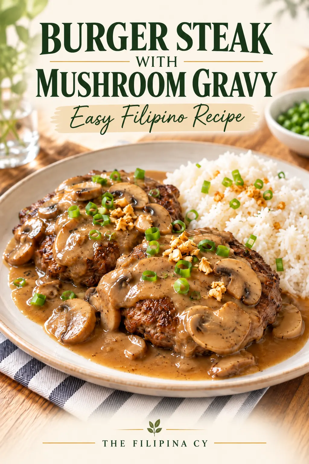 Burger steak with mushroom gravy served with white rice, topped with sautéed garlic and green onions, an easy Filipino recipe.