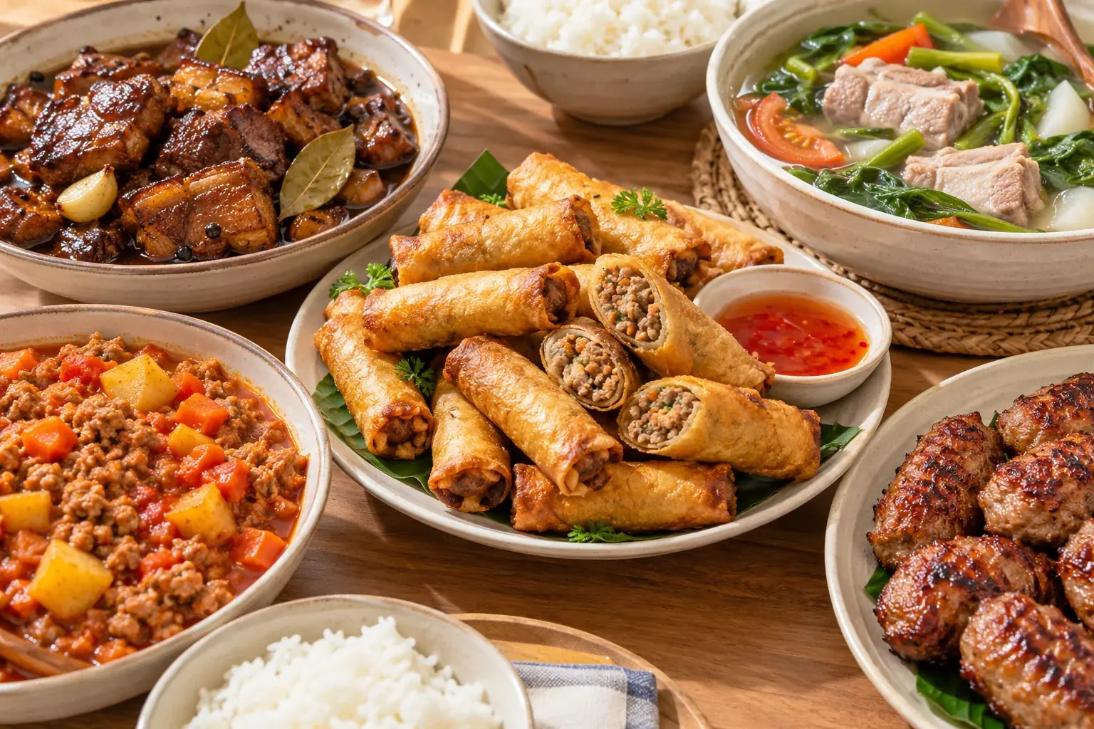 Filipino pork recipes including Lumpiang Shanghai, Pork Adobo, Pork Sinigang, Pork Giniling, Pork Menudo, and Skinless Longganisa