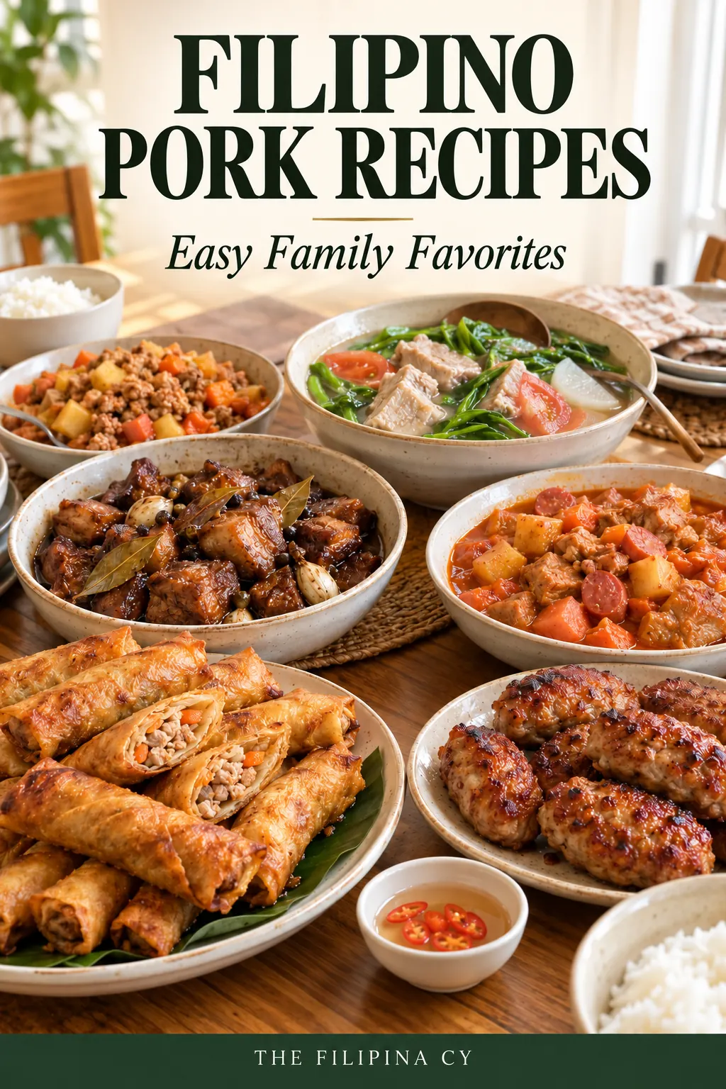Filipino pork recipes family-style spread with Lumpiang Shanghai, pork adobo, sinigang, giniling, menudo, skinless longganisa, steamed rice, and chili vinegar on a warm dining table.