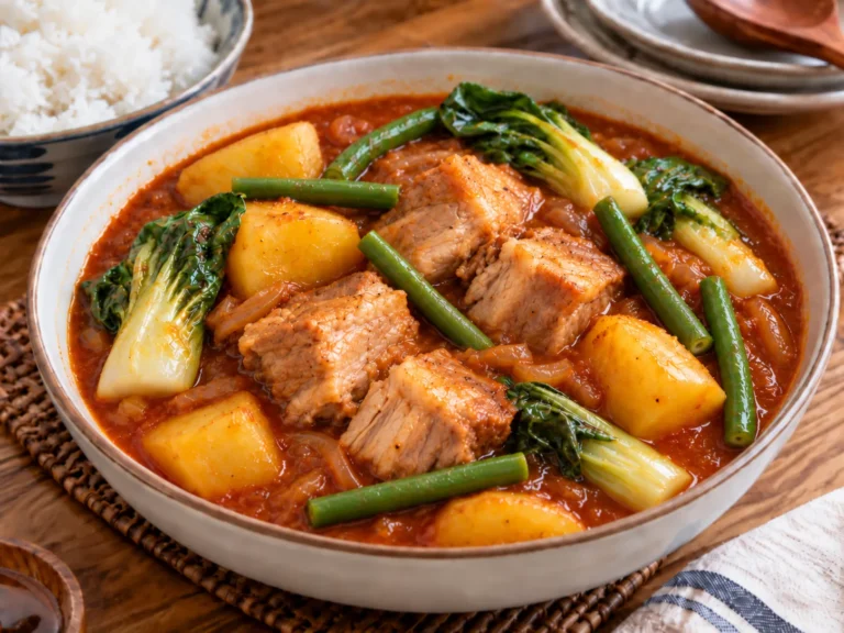 Pork Pochero with tender pork, potatoes, green beans, and bok choy in a rich tomato sauce, served with steamed rice