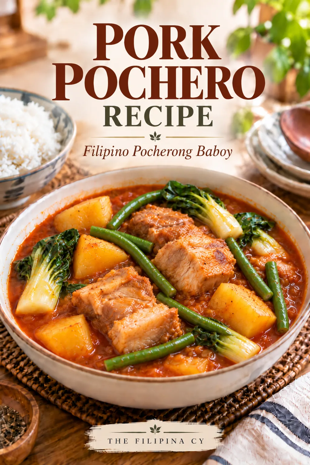 Pork Pochero Recipe with tender pork, potatoes, green beans, and bok choy in a rich tomato sauce, Filipino Pocherong Baboy