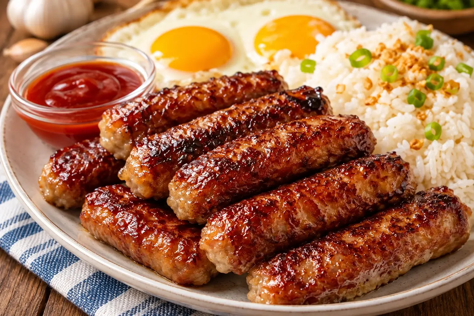Homemade skinless longganisa with garlic fried rice, fried eggs, and ketchup.